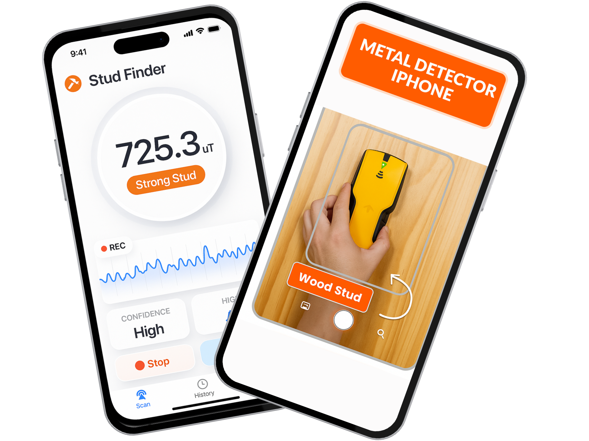 Stud finder app interface showing wall scanner detecting metal studs and pipes