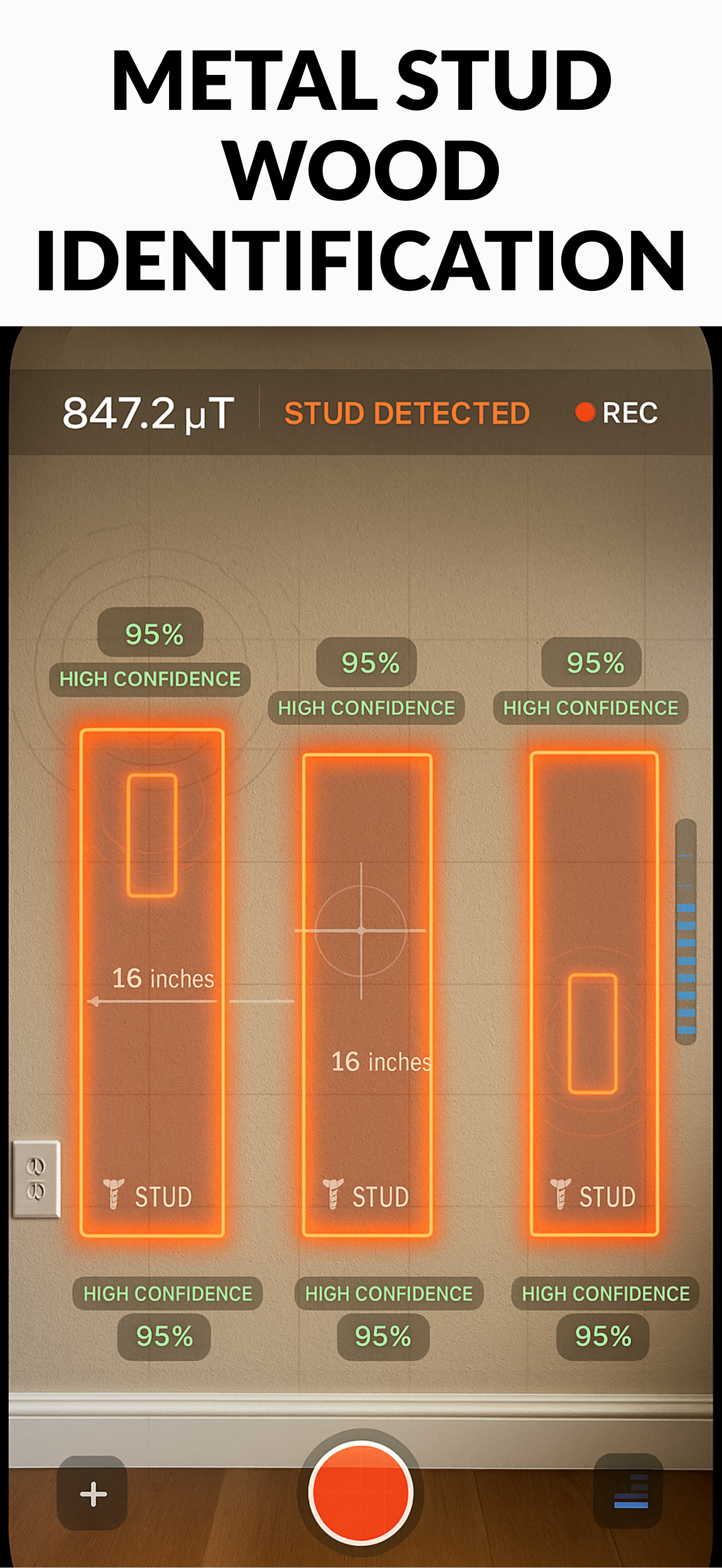 Scanning wall with stud finder app to detect metal studs